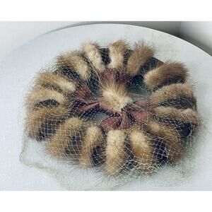 VTG 40s 50s Mink Fur Pillbox Hat Headpiece Rose Copper Satin Fabric Netting